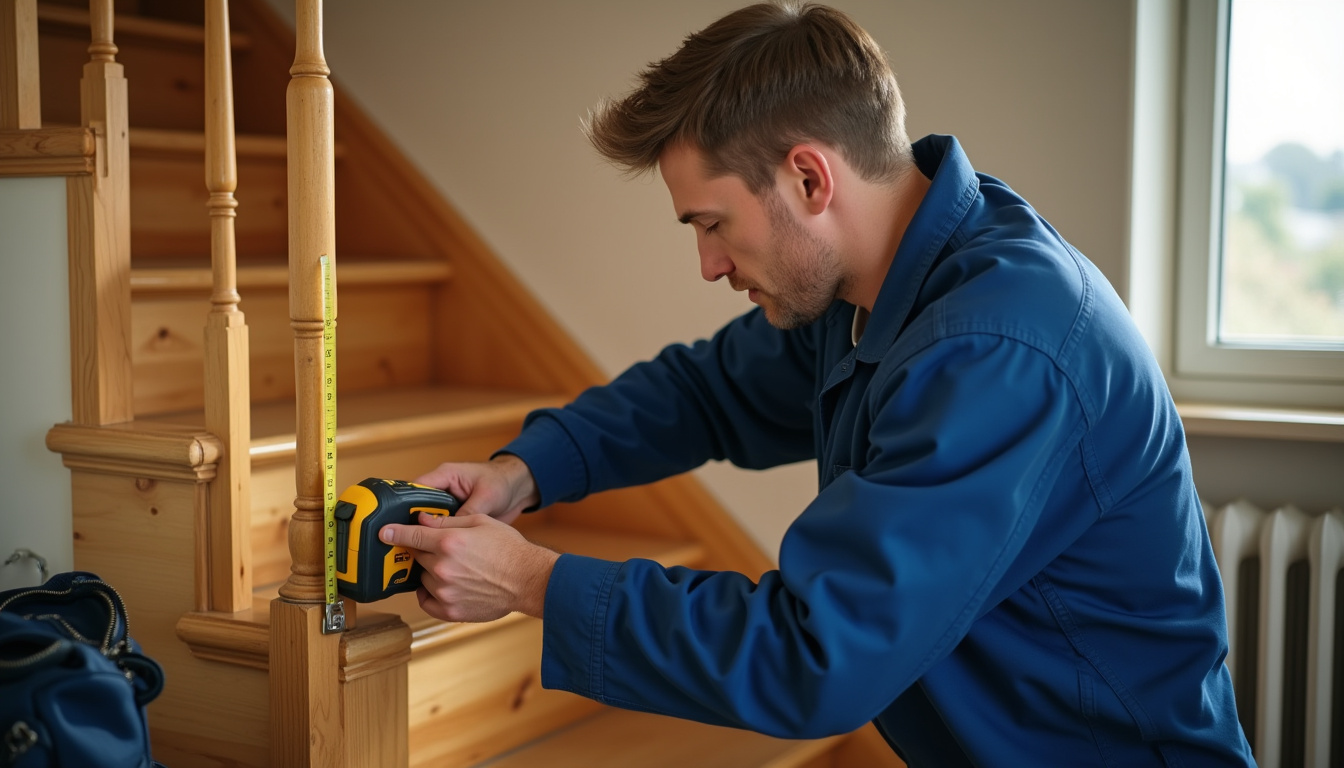Technicien prenant des mesures sur un escalier intérieur lors d