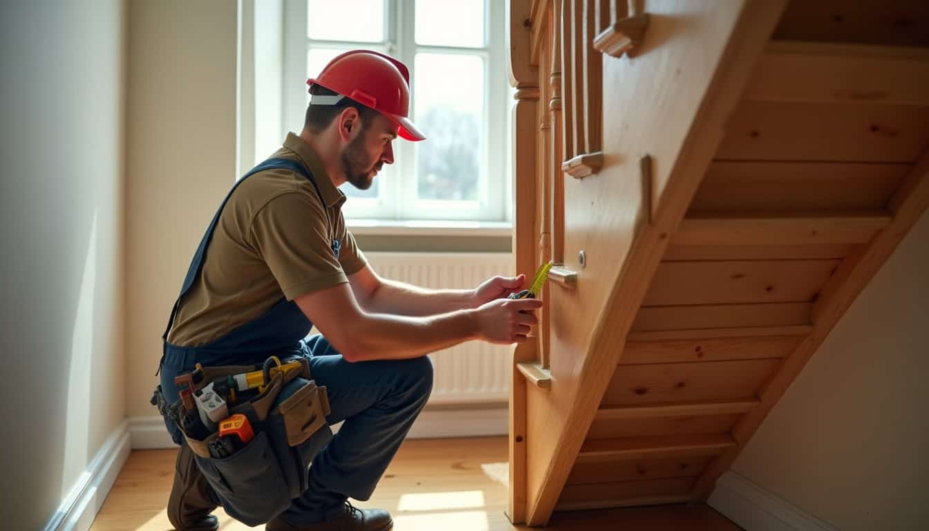 Technicien professionnel en train de mesurer un escalier pour installation à Hagenthal-le-Bas