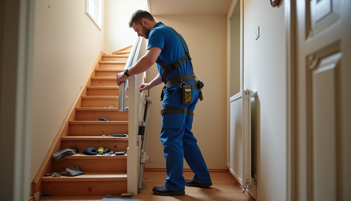 Technicien professionnel en train d’installer un monte-escalier dans un escalier à Saint-Leu-la-Forêt