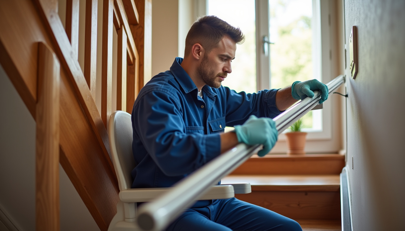 Technicien professionnel en train d’installer un monte-escalier dans une maison à Héry