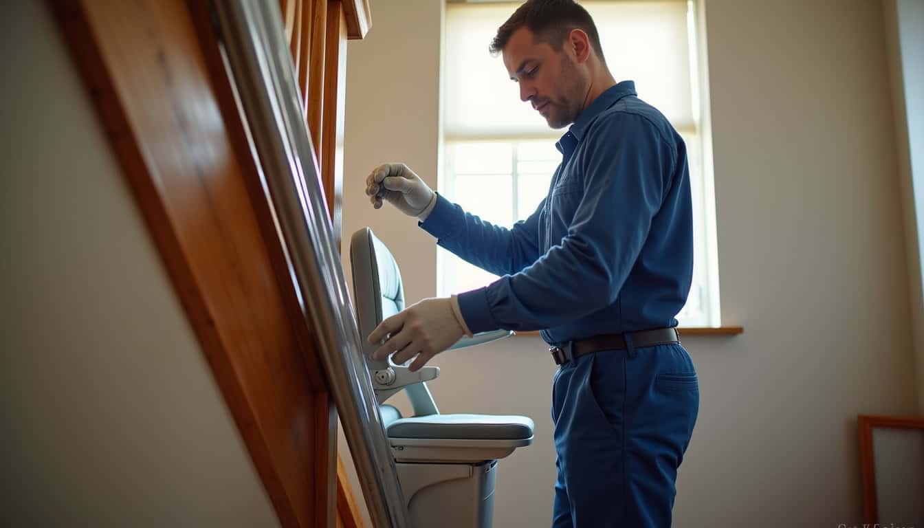 Technicien professionnel en train d’installer un monte-escalier dans une maison de Dompaire