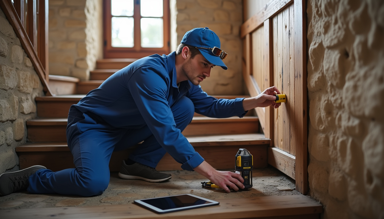 Technicien réalisant un diagnostic technique pour un monte-escalier à Châtillon-Coligny