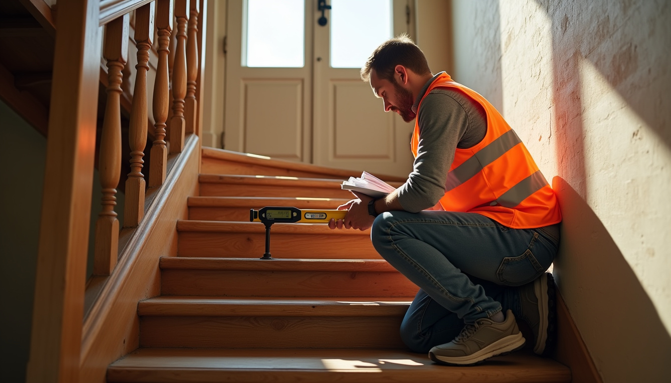Technicien réalisant une étude de faisabilité pour un monte-escalier à Saint-Antoine-de-Breuilh