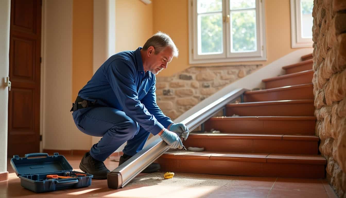 Technicien spécialisé en train d'installer un monte-escalier dans une maison de l'Hérault