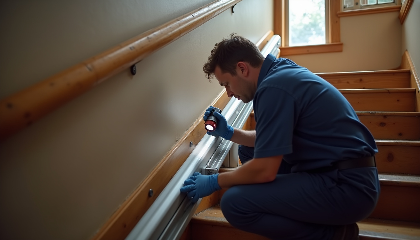 Technicien vérifiant le rail d’un monte-escalier dans une maison à Potigny