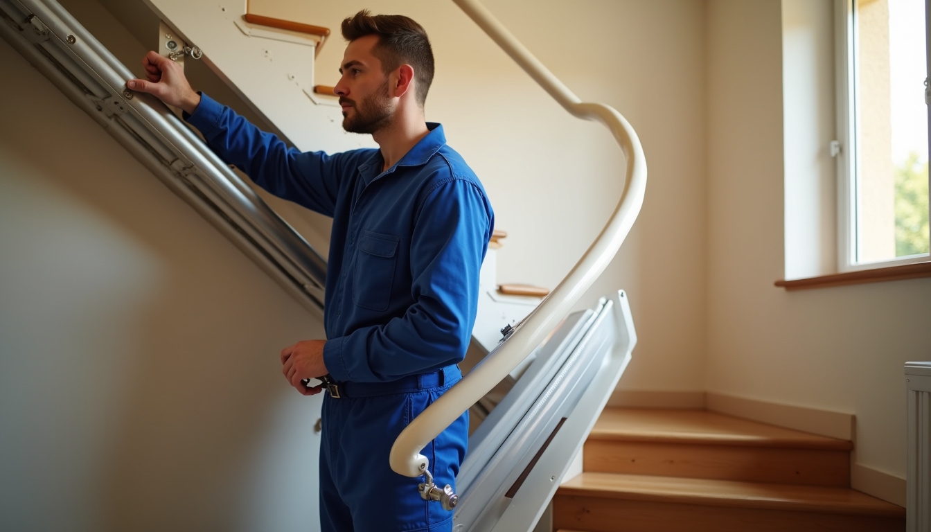Technicien vérifiant les capteurs de sécurité et le bon fonctionnement d’un monte-escalier tournant à Bellegarde-en-Forez