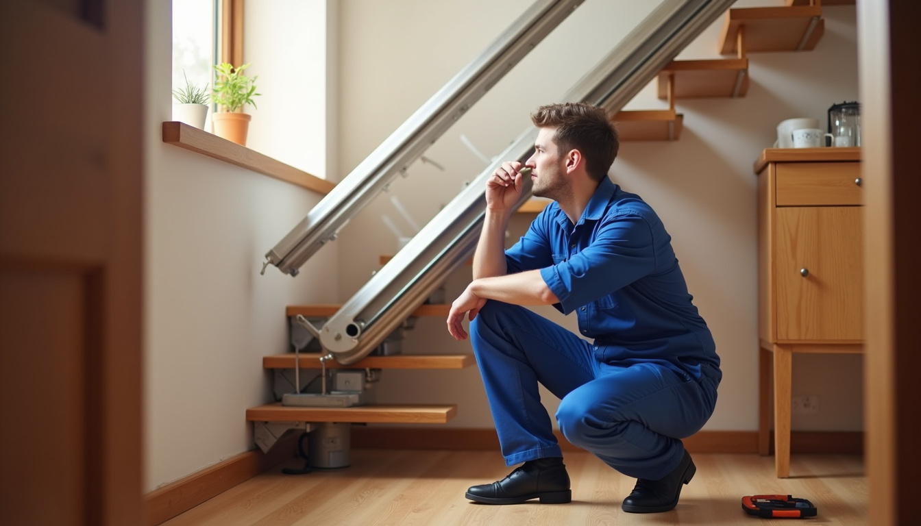 Technicien vérifiant un monte-escalier à Sumène lors d