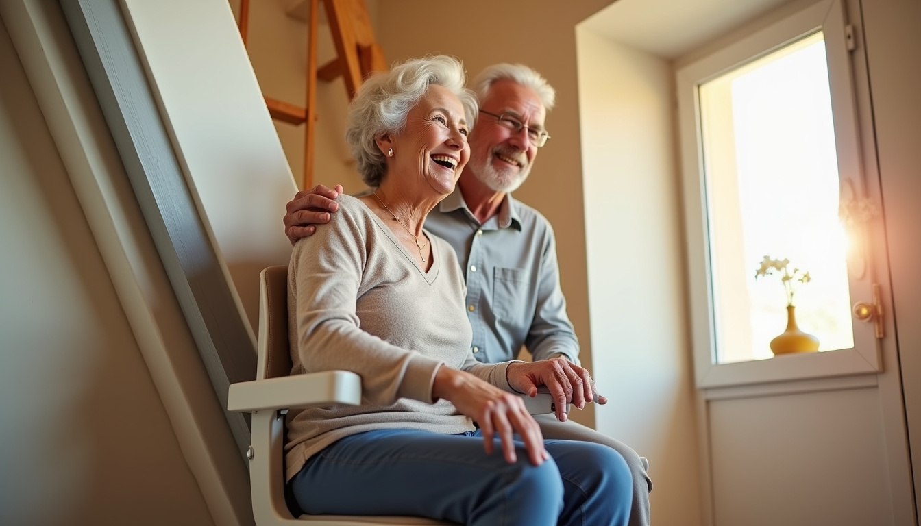 Un couple âgé utilisant leur monte-escalier à Coësmes avec le sourire