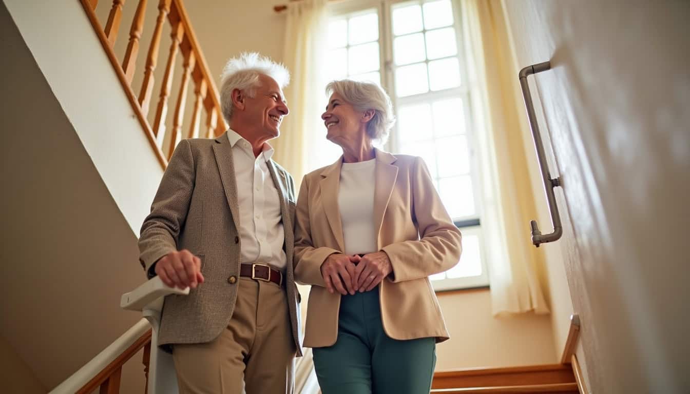 Un couple de seniors utilise un monte-escalier dans une maison à Tressange pour faciliter leurs déplacements entre les étages