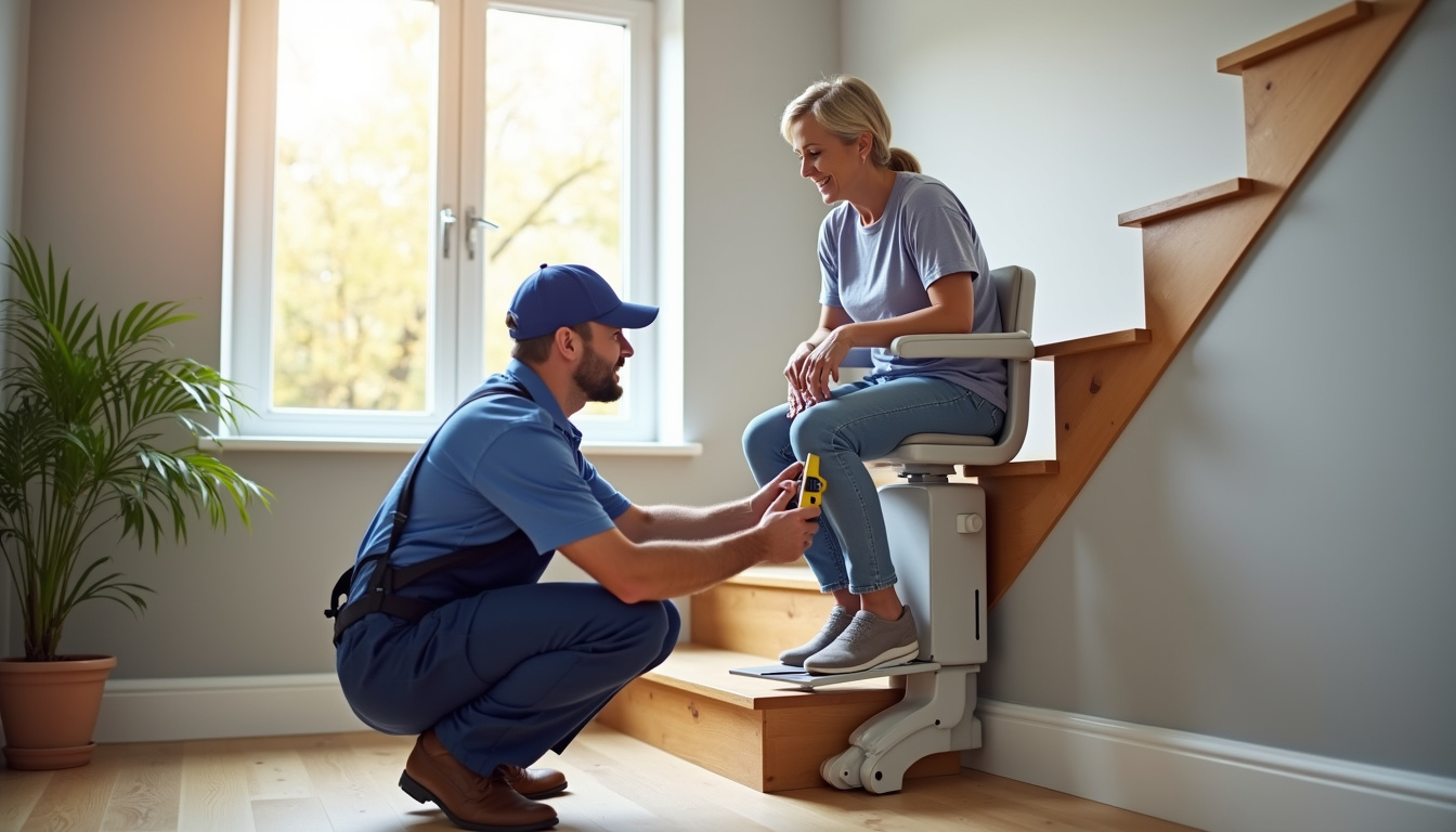 Un installateur en train de vérifier un monte-escalier à Holving après installation