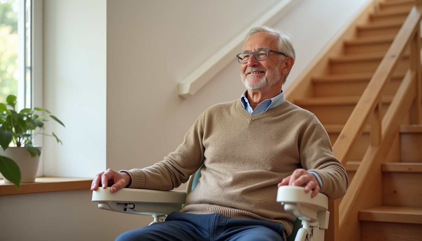 Un résident âgé utilise son monte-escalier à Le Syndicat avec satisfaction