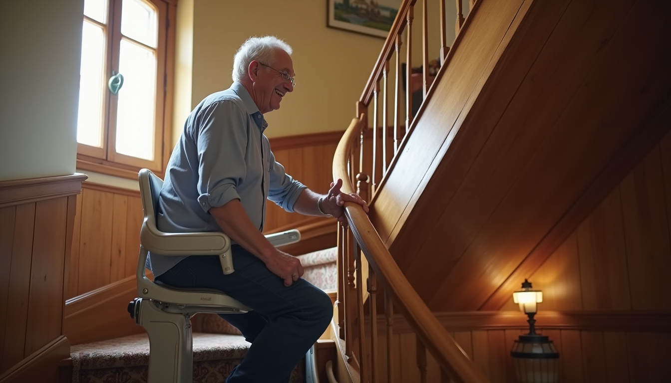 Un résident âgé utilise son monte-escalier intérieur dans une maison traditionnelle à Saint-Alban-d