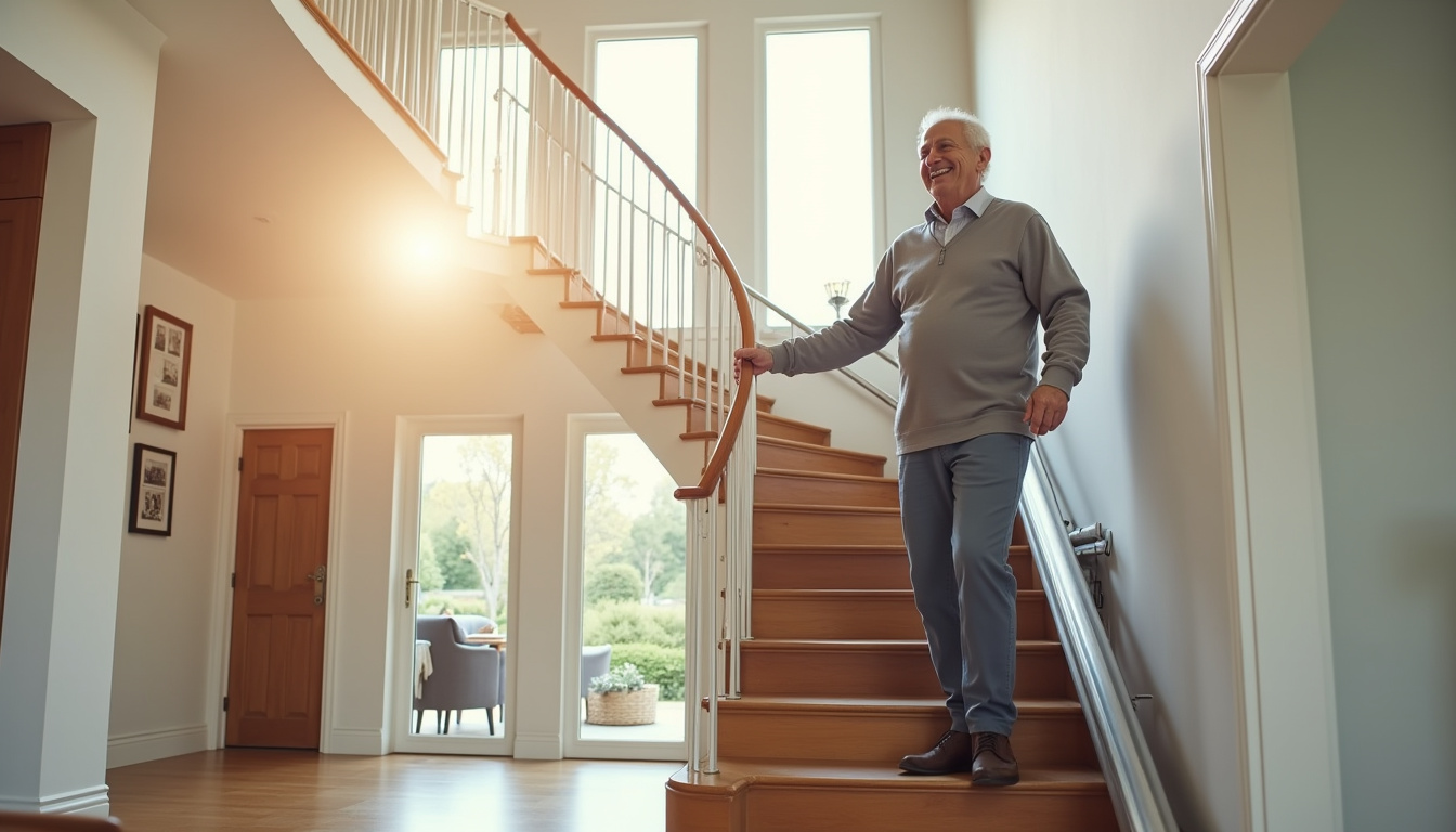 Un senior utilisant un monte-escalier dans sa maison à Les Gonds