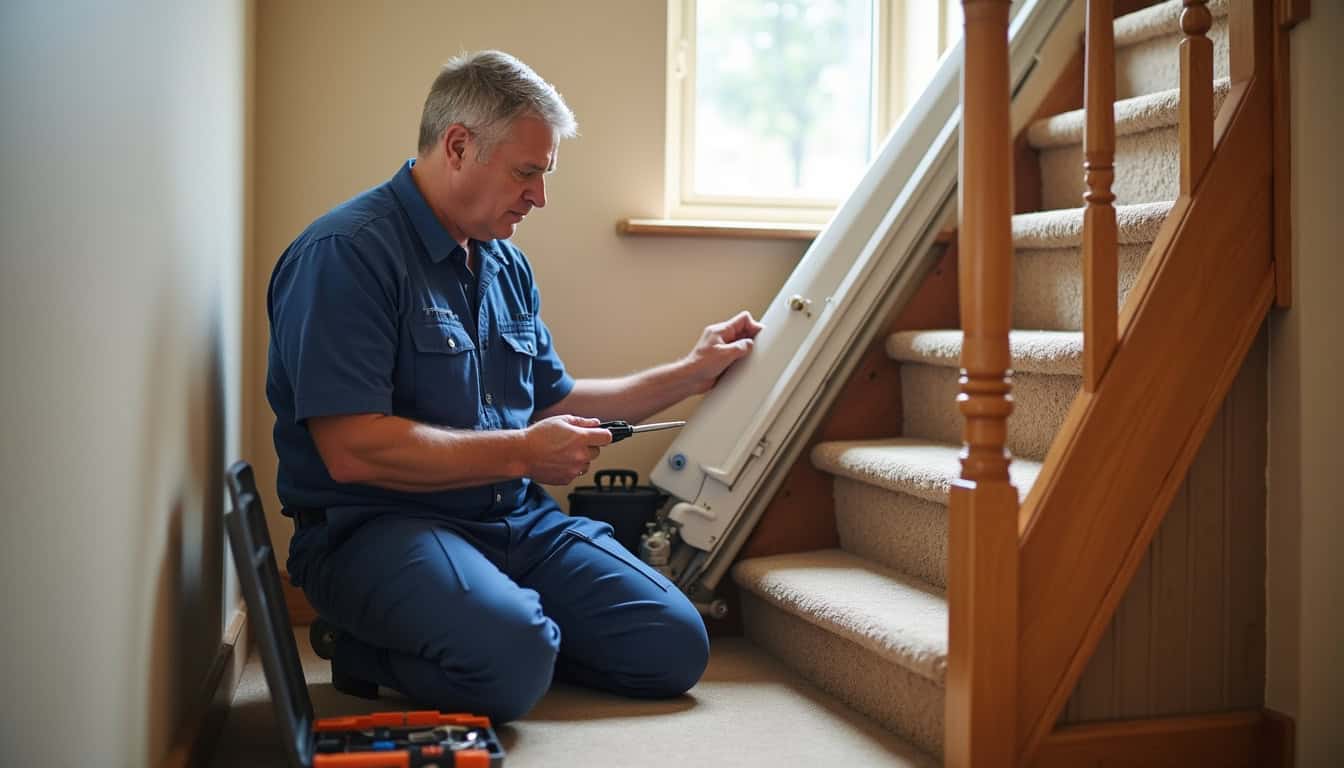 Un technicien effectue un contrôle de maintenance sur un monte-escalier à Saint-Vincent-sur-Jard