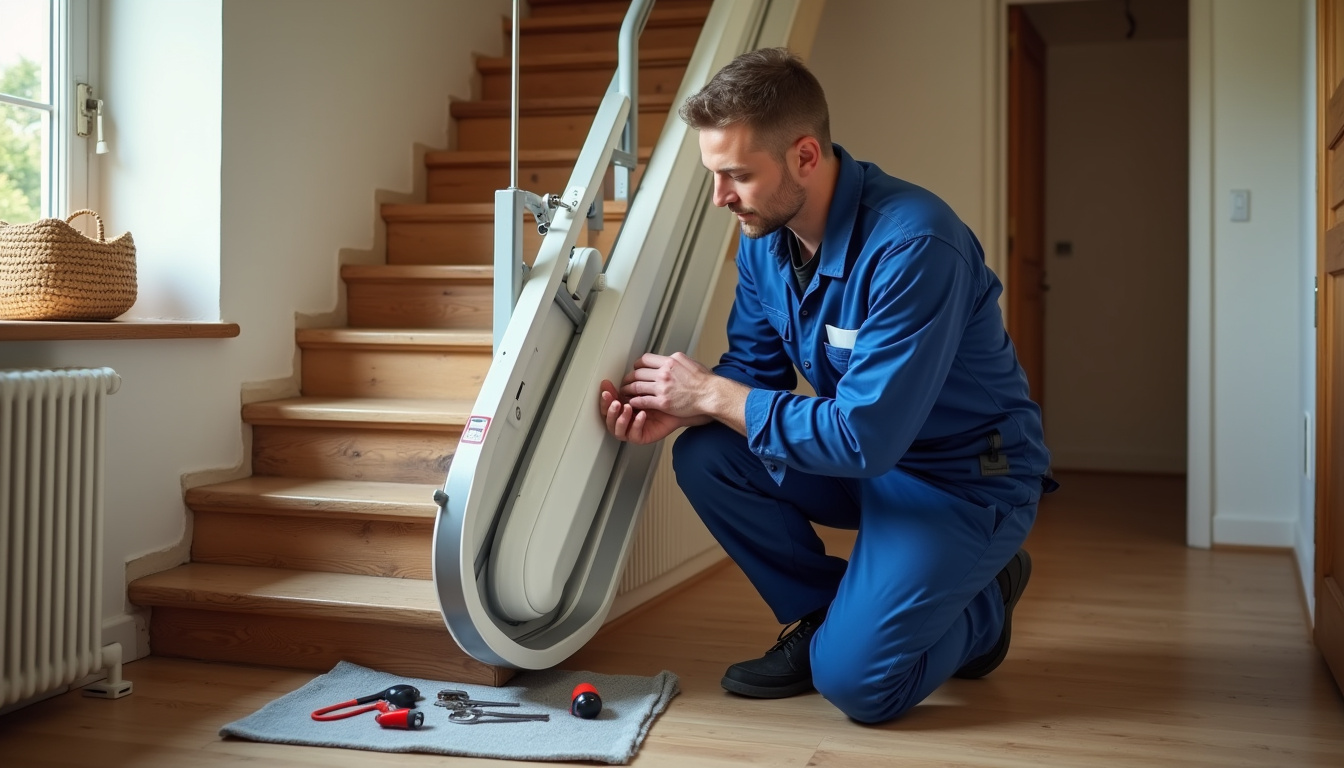 Un technicien effectue une maintenance annuelle sur un monte-escalier en Charente