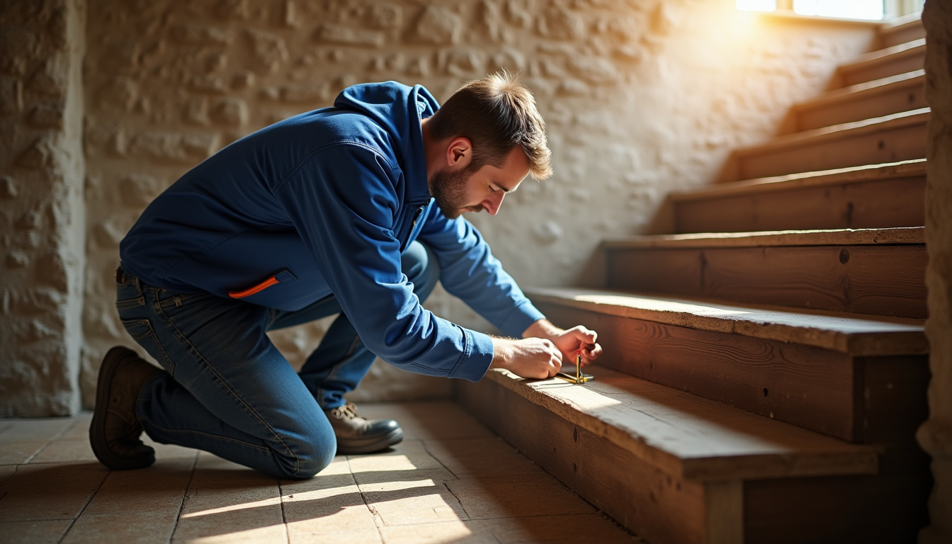 Un technicien en train de mesurer un escalier à La Réorthe pour une étude personnalisée de monte-escalier