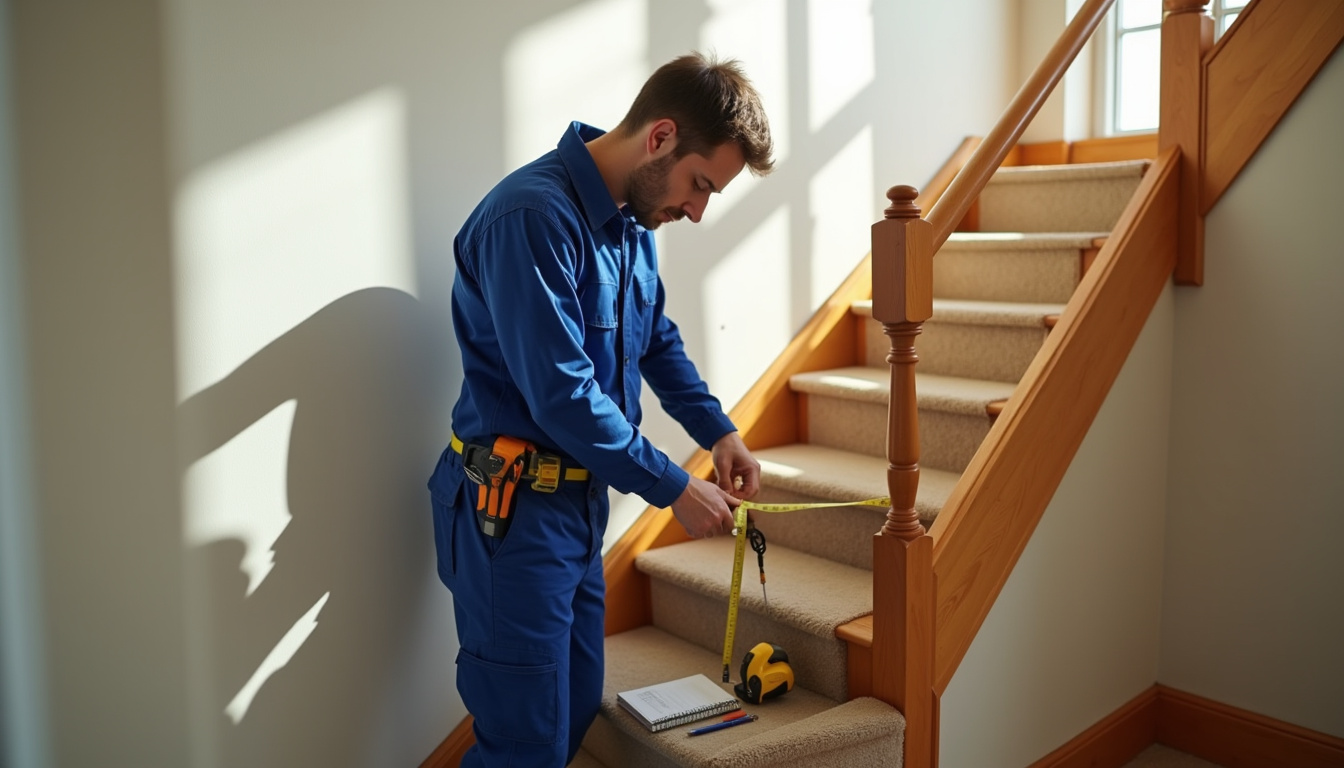 Un technicien en train de mesurer un escalier pour une installation de monte-escalier à Montlieu-la-garde