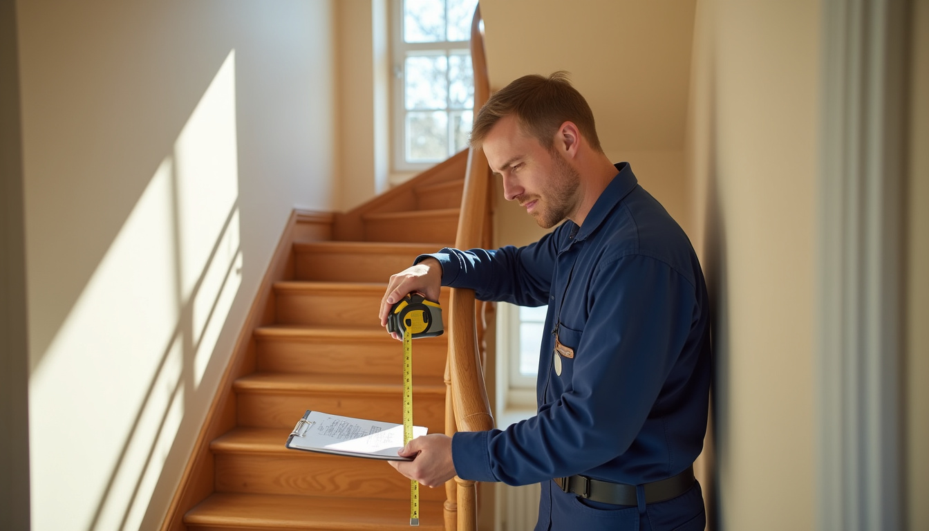 Un technicien en train de mesurer un escalier pour une installation sur mesure à Marckolsheim