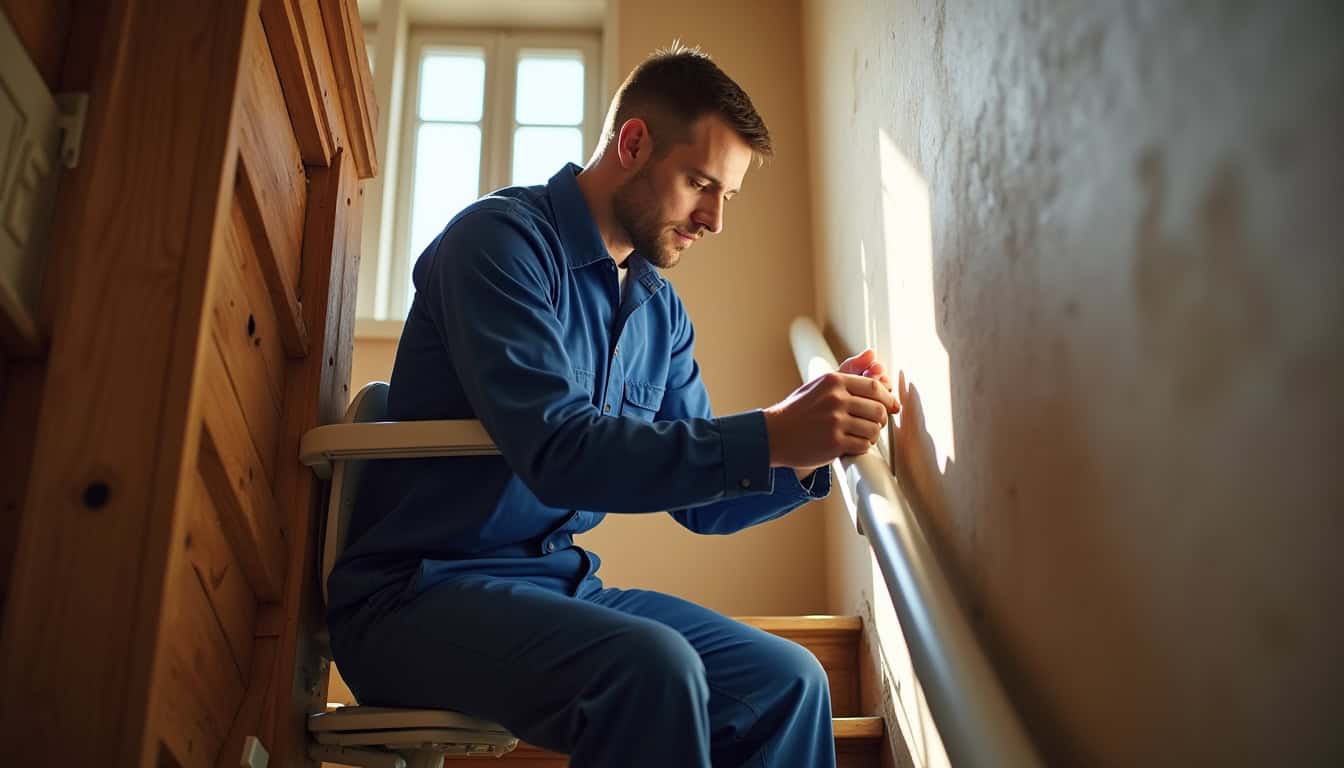 Un technicien en train de vérifier un monte-escalier à Septfonds