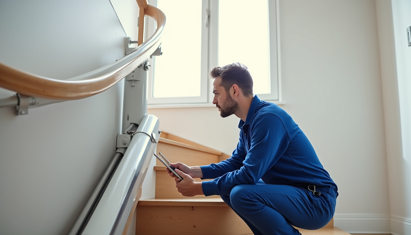Un technicien en train de vérifier un monte-escalier lors d’une visite d’entretien annuelle