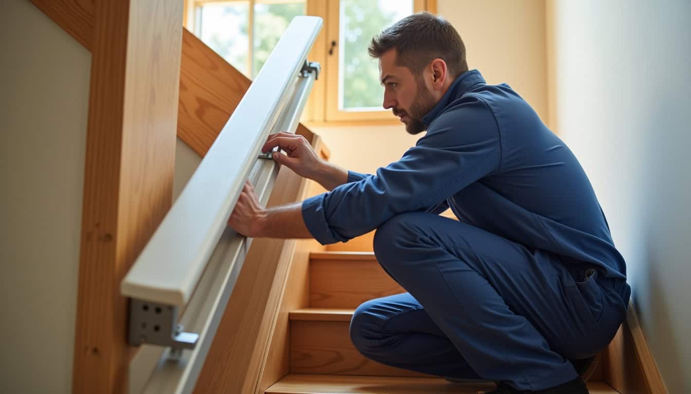 Un technicien en uniforme vérifie le fonctionnement d’un monte-escalier nouvellement installé à Lumes
