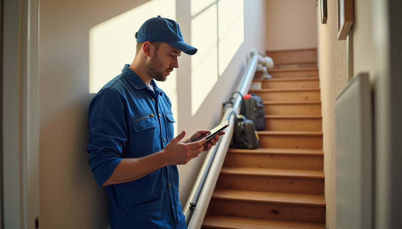 Un technicien inspecte un monte-escalier en cours d