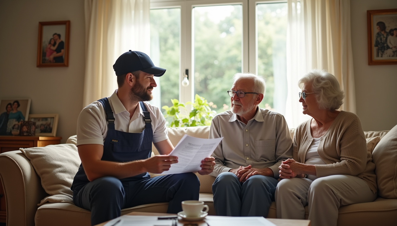 Un technicien montre un devis détaillé à un couple âgé dans leur salon à Saint-Épain