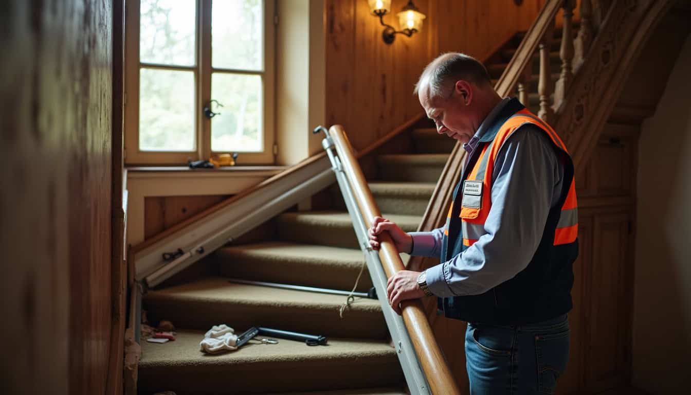 Un technicien qualifié installant un monte-escalier dans une maison ancienne à Louplande