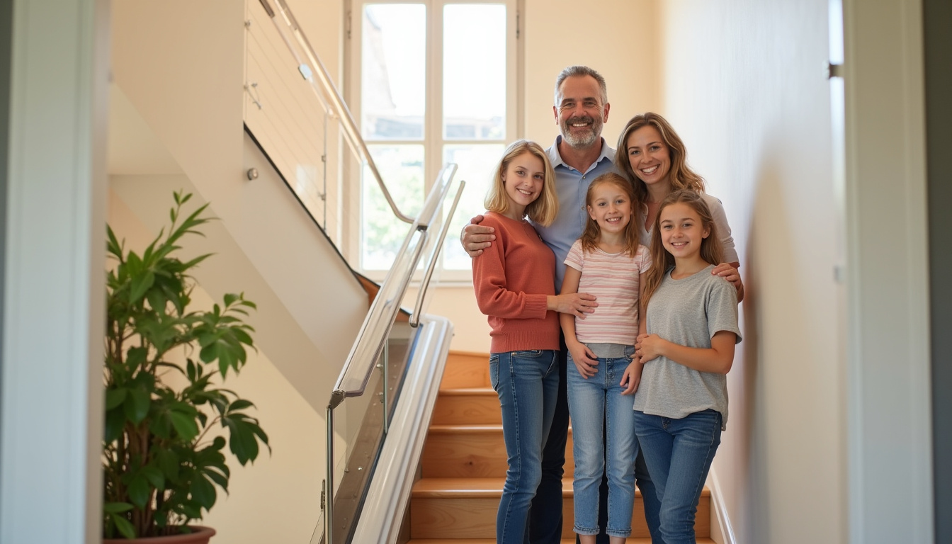 Une famille souriante devant son monte-escalier installé à Pontacq