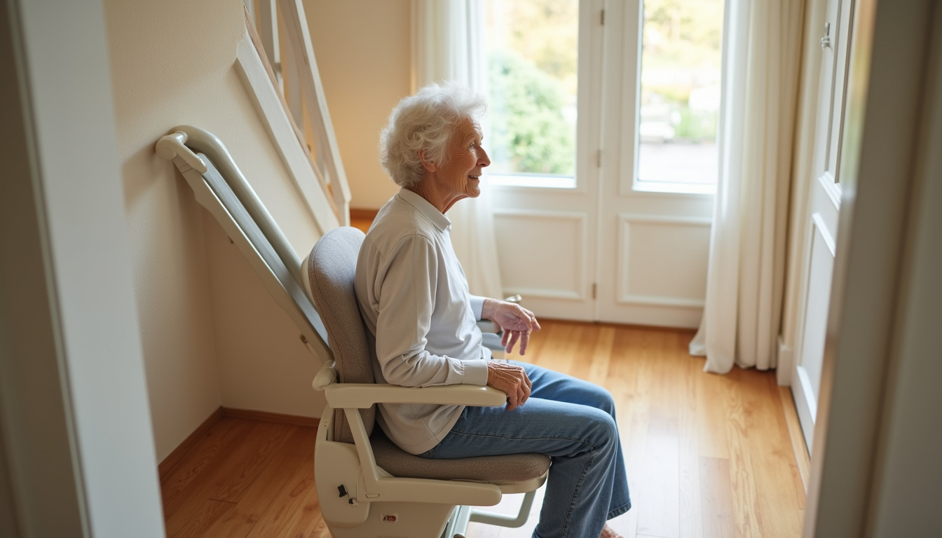 Une personne âgée utilisant un monte-escalier dans sa maison à Romillé