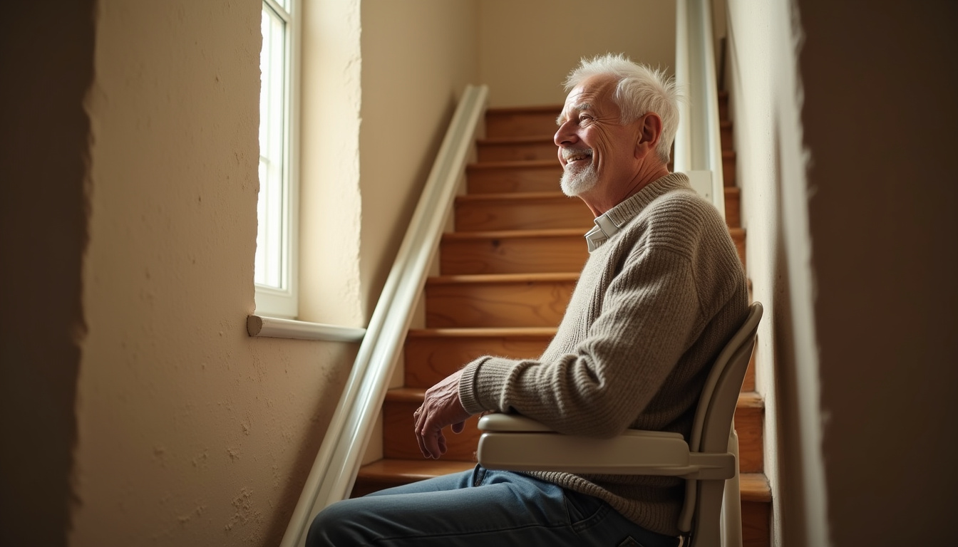 Utilisation d’un monte-escalier par un senior dans une maison de Saint-Symphorien-de-Lay