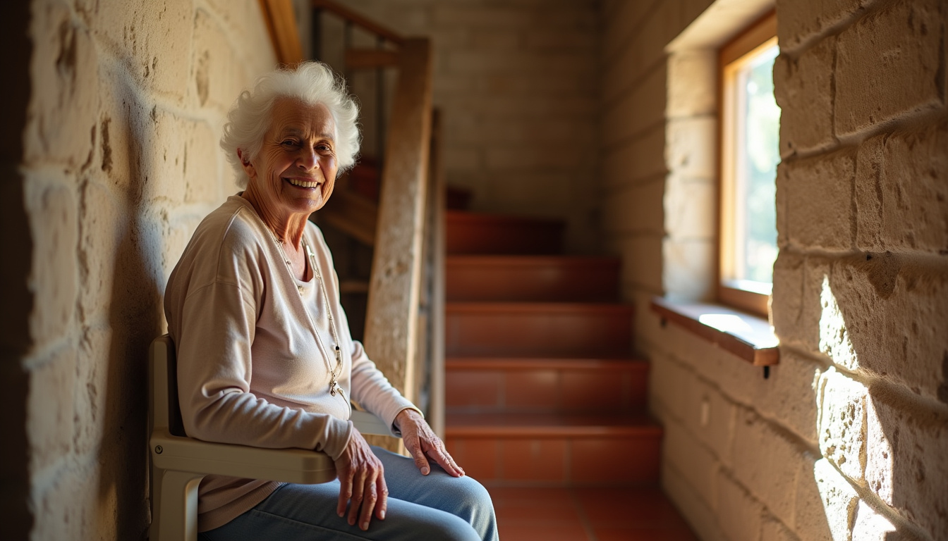 Utilisation d’un monte-escalier par une personne âgée dans une maison d’Aimargues