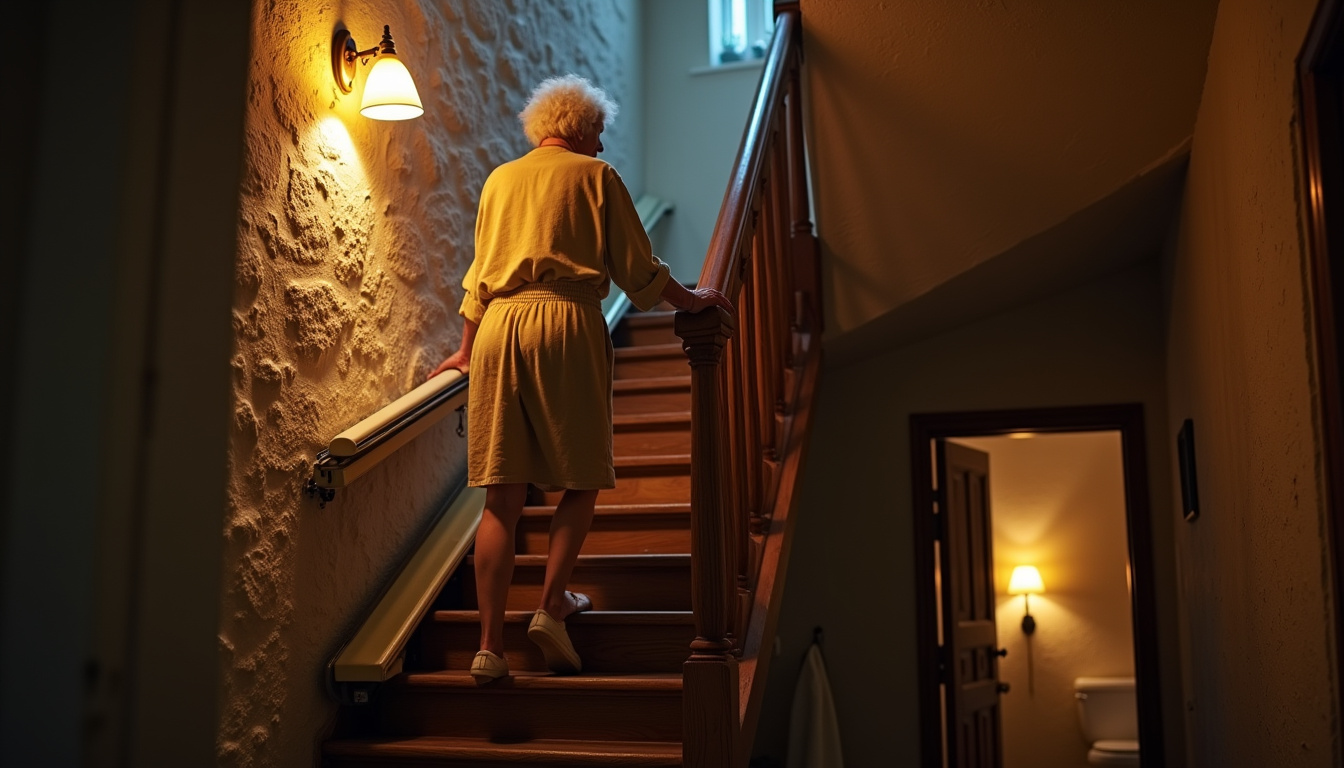 Utilisation d’un monte-escalier pour accéder à la salle de bain de nuit dans une maison ancienne du Tarn-et-Garonne