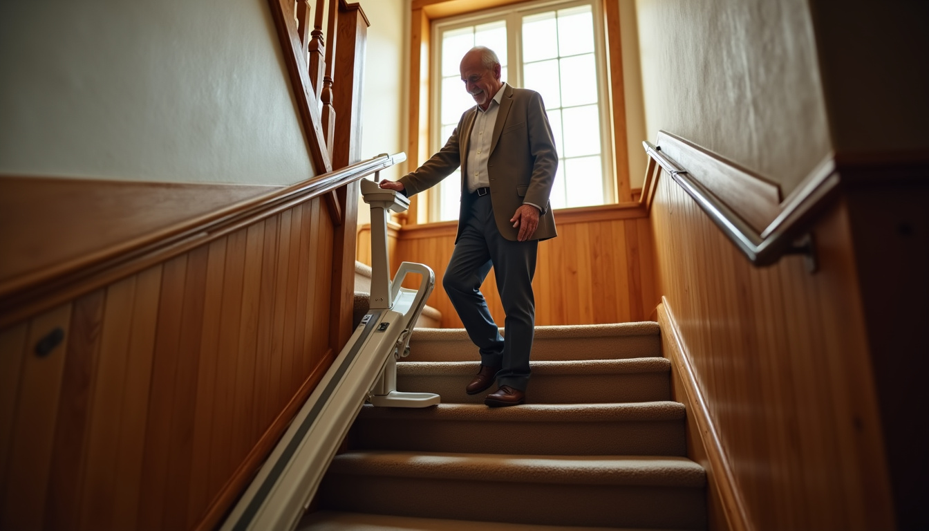 Utilisation quotidienne d’un monte-escalier intérieur par un résident âgé à Villefontaine