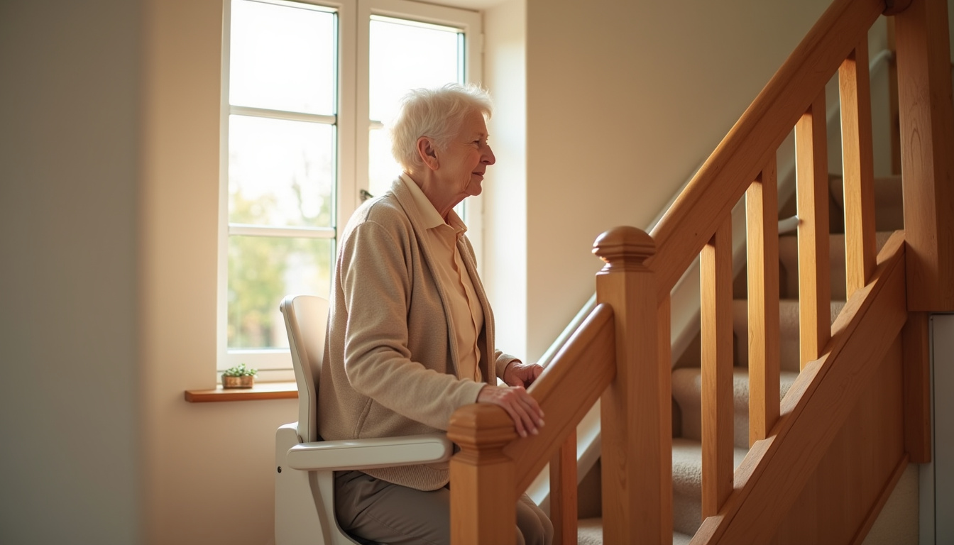 Utilisation quotidienne d’un monte-escalier par une personne âgée dans une maison de Chasselay