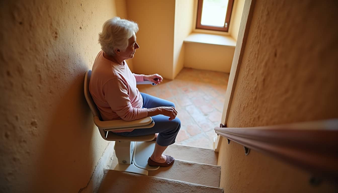 Utilisation sécurisée d’un monte-escalier par une personne âgée dans une maison traditionnelle du Luberon