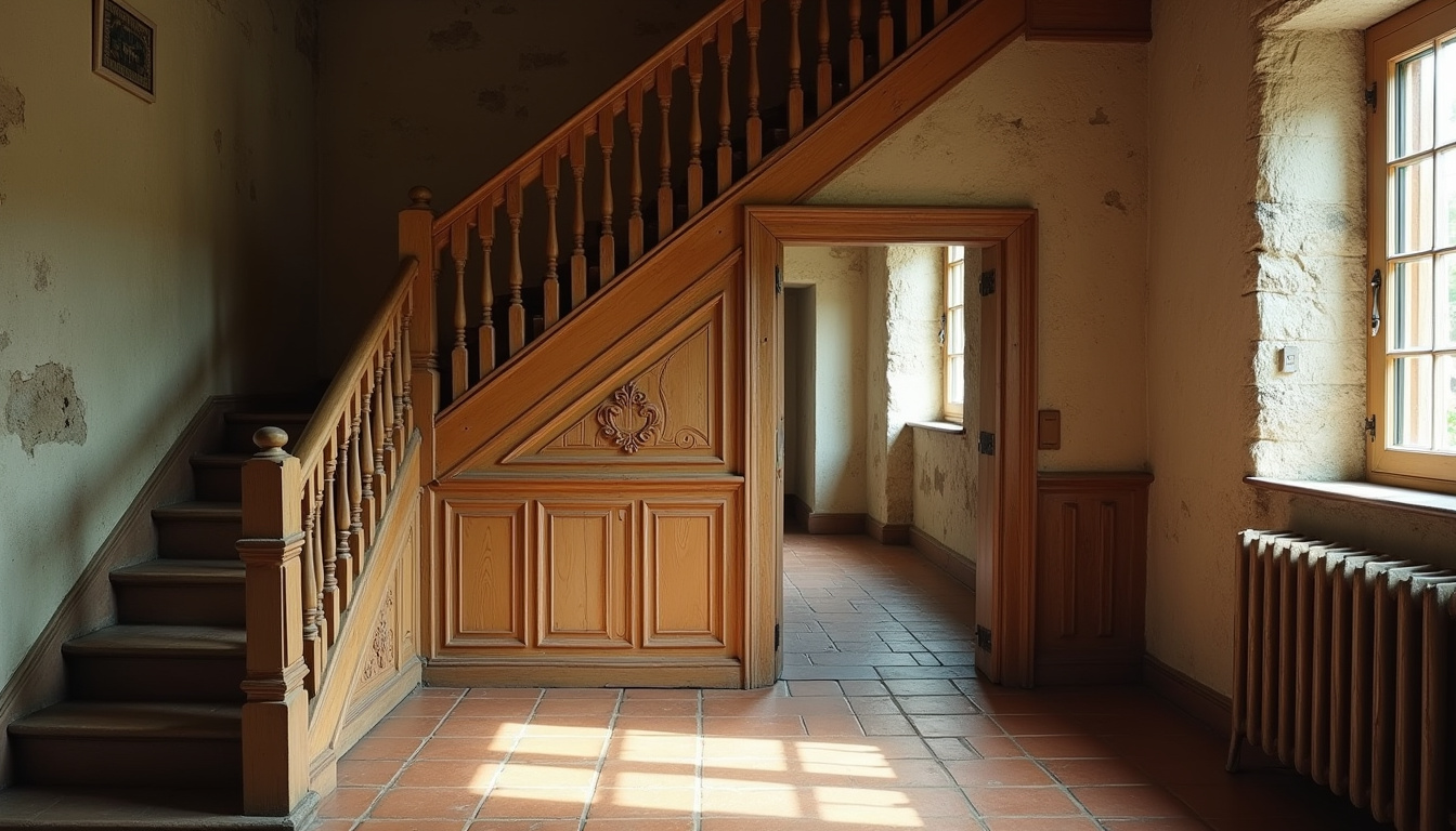 Vieille maison traditionnelle de Pont-Saint-Vincent avec escalier intérieur en bois