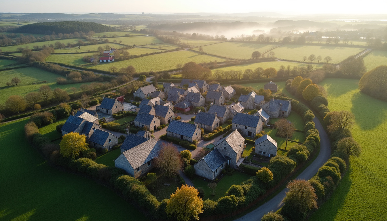Vue aérienne de la commune de Crédin dans le Morbihan, montrant son environnement rural et ses maisons traditionnelles