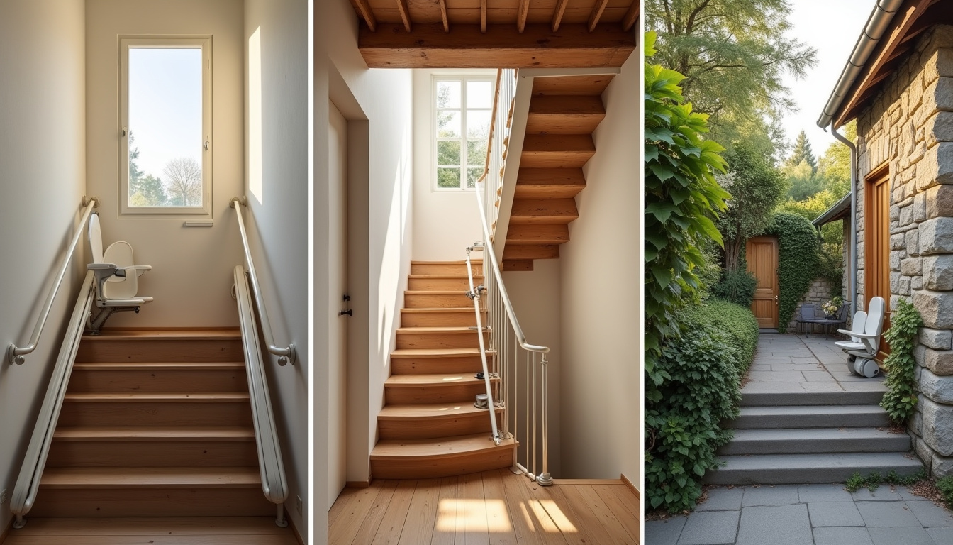 Vue comparée des différents types de monte-escaliers: droit, courbe et extérieur, installés dans des habitations typiques de Saint-Michel-sur-Orge