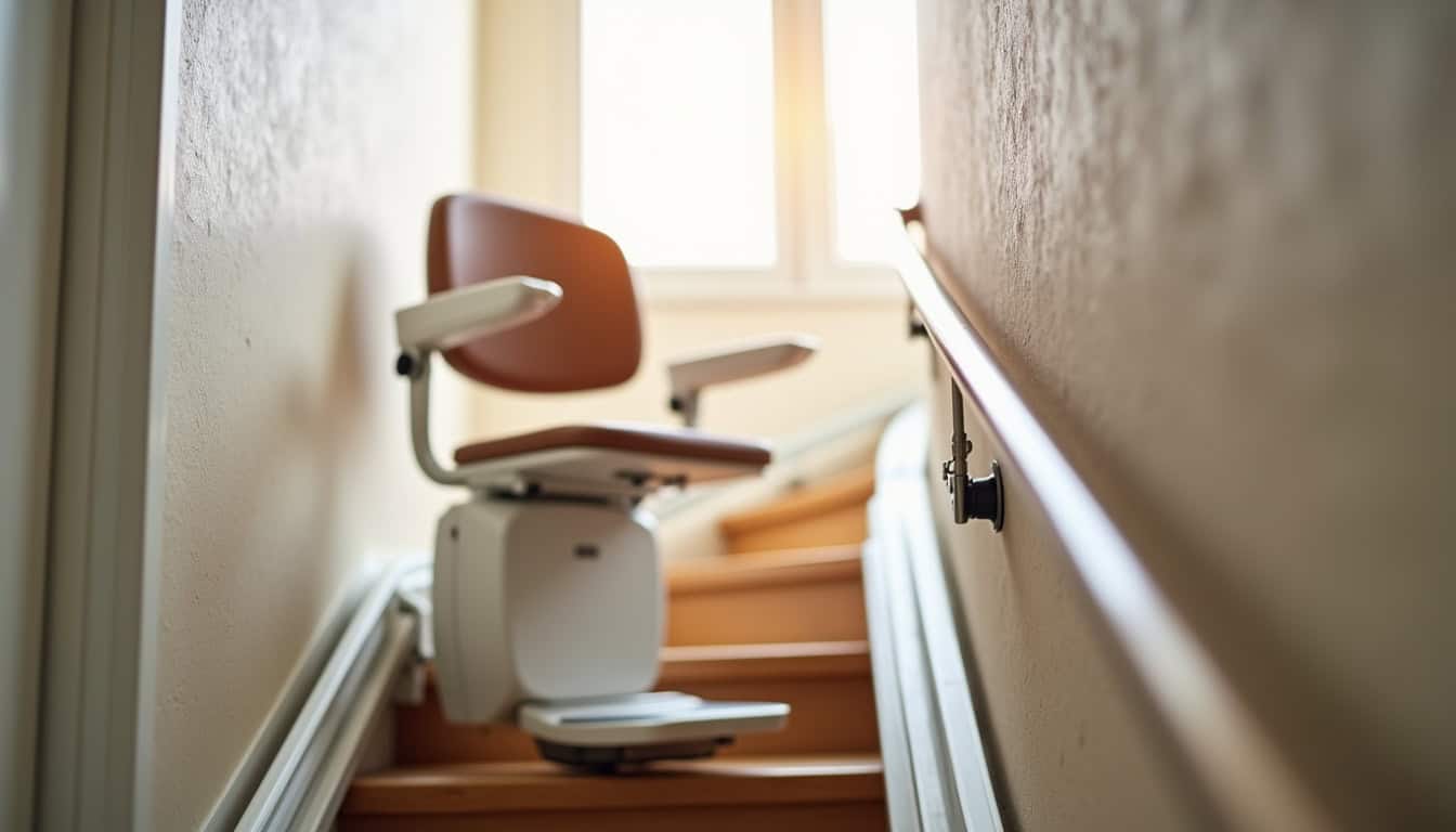 Vue détaillée des options d’un monte-escalier: siège pliable, repose-pieds, pivotement automatique