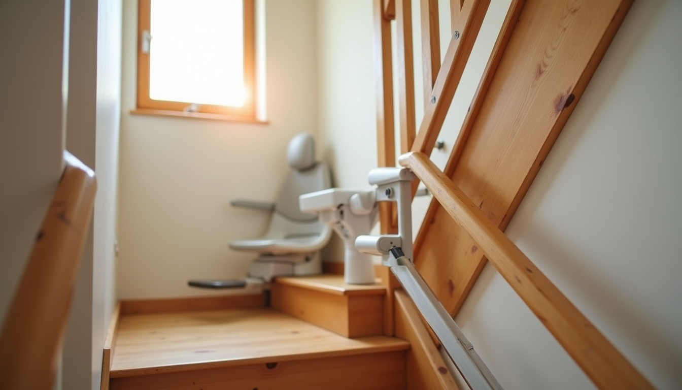 Vue d’un monte-escalier droit installé dans une habitation à Saint-Vérand, sur un escalier en bois