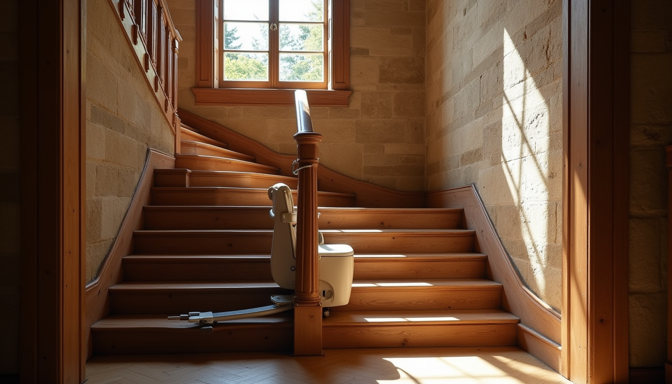 Vue d'un monte-escalier installé dans une maison ancienne à Chazé-sur-Argos