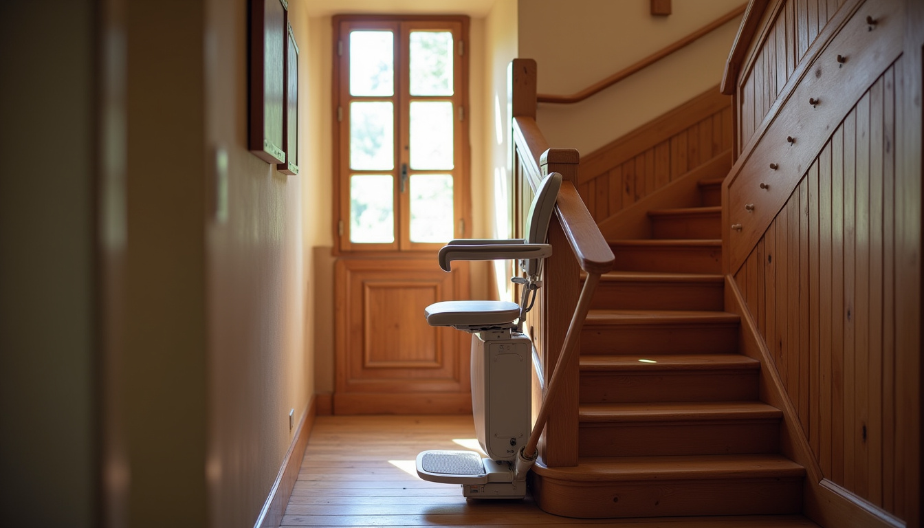 Vue d’un monte-escalier installé dans une maison traditionnelle à Vaux-en-bugey