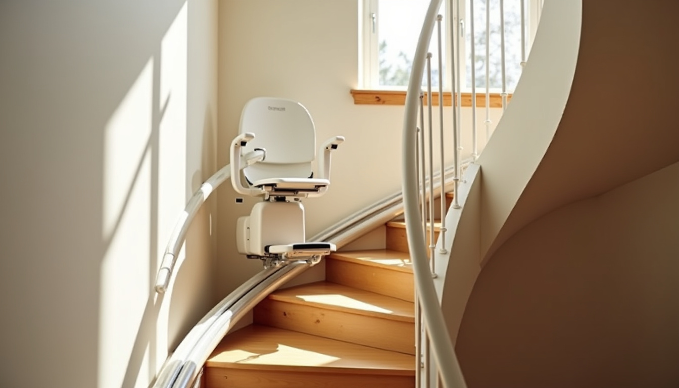 Vue d’un monte-escalier tournant correctement installé dans une maison à Bassan, avec rail adapté au virage