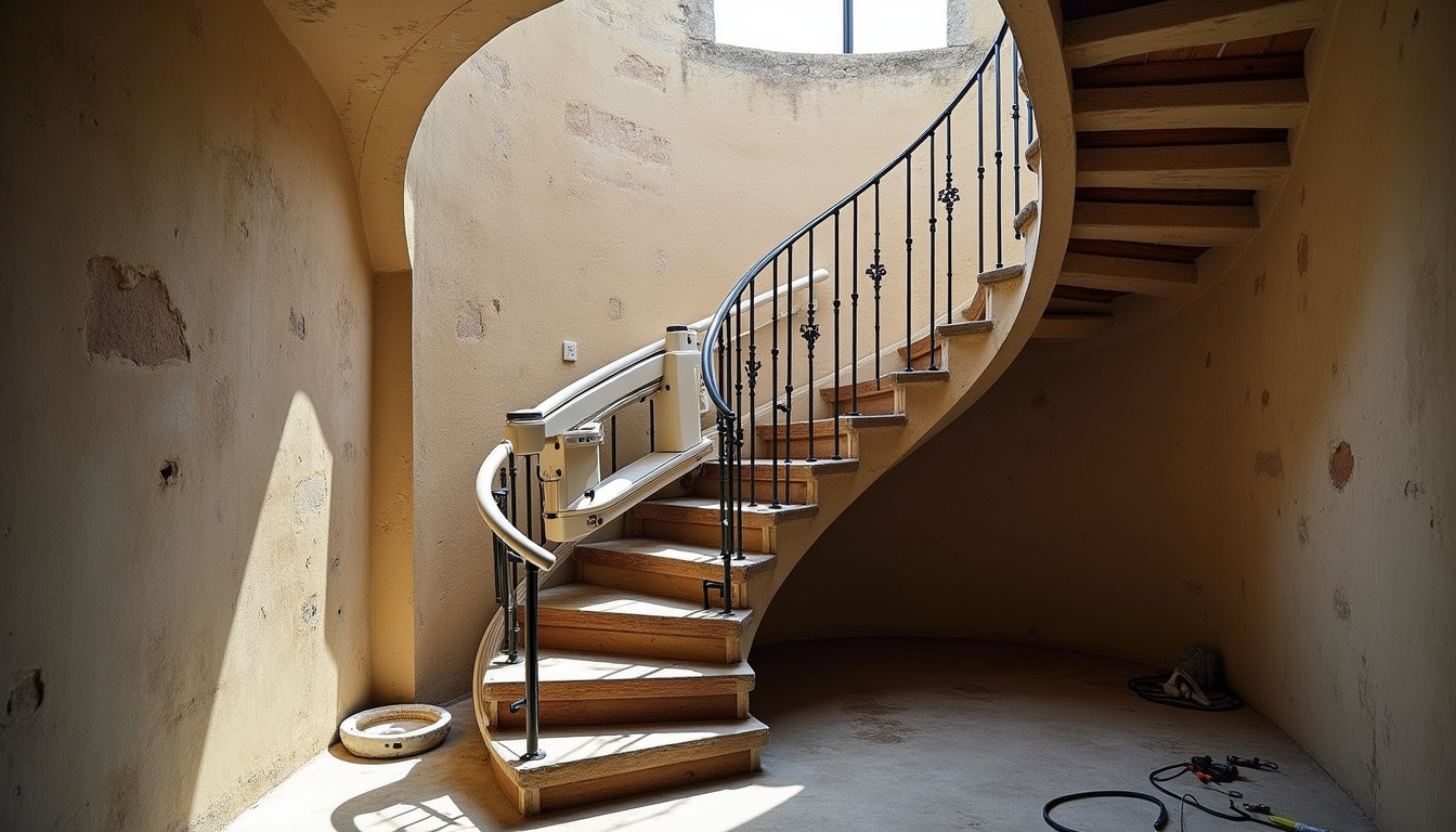 Vue d’un monte-escalier tournant en cours d’installation sur un escalier ancien en colimaçon dans une maison d’Usson-du-Poitou