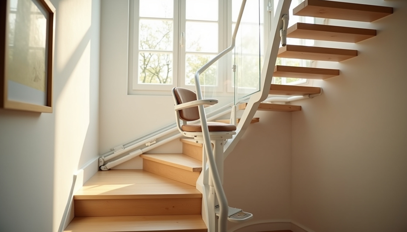 Vue d’un monte-escalier tournant en fonctionnement dans une maison de Sonchamp