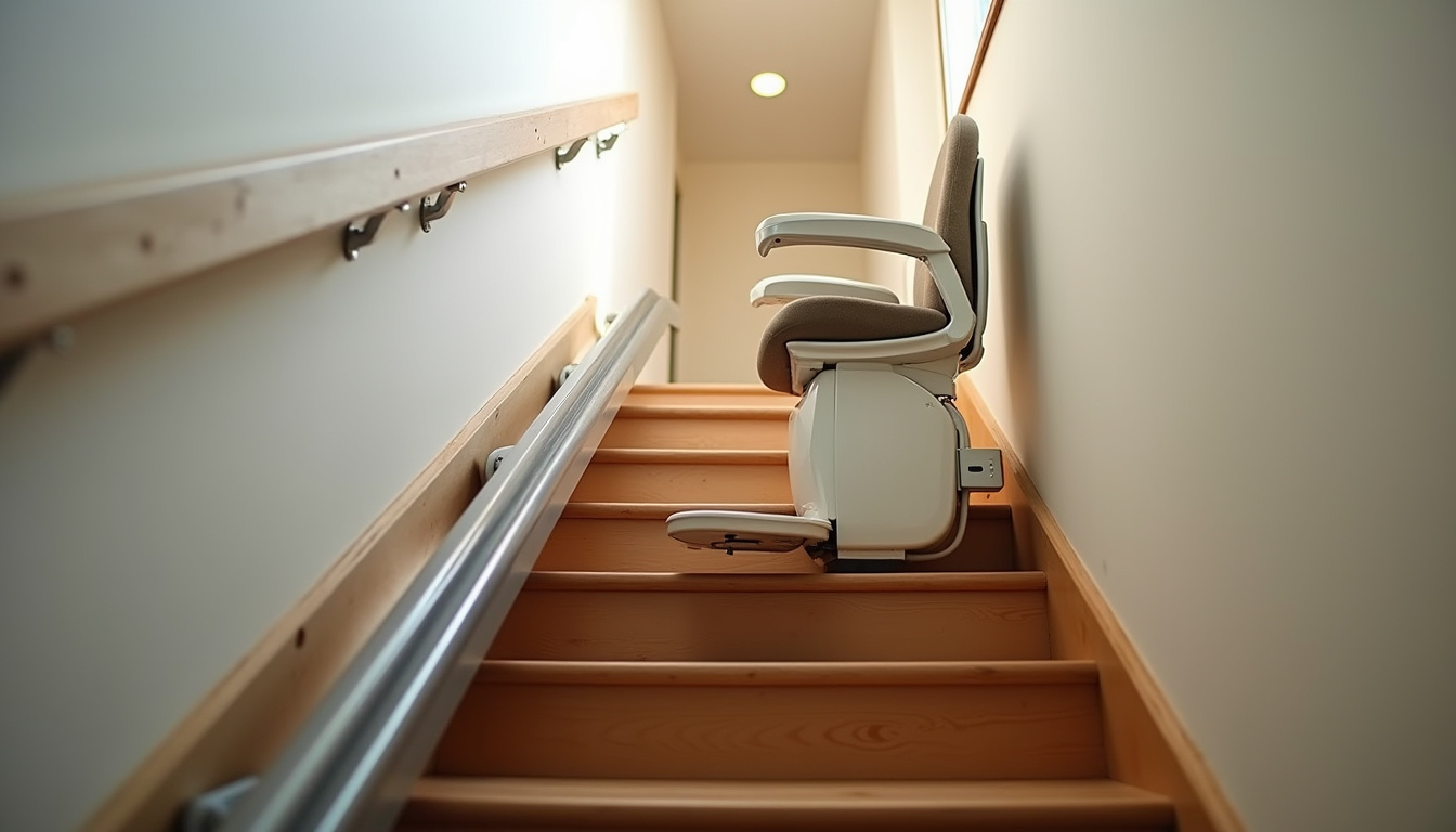 Vue intérieure d’un monte-escalier en fonctionnement sur un escalier droit
