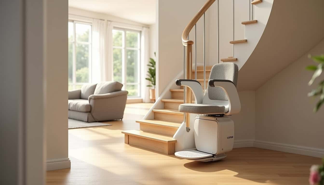 Vue intérieure d’un salon avec un monte-escalier installé le long des marches