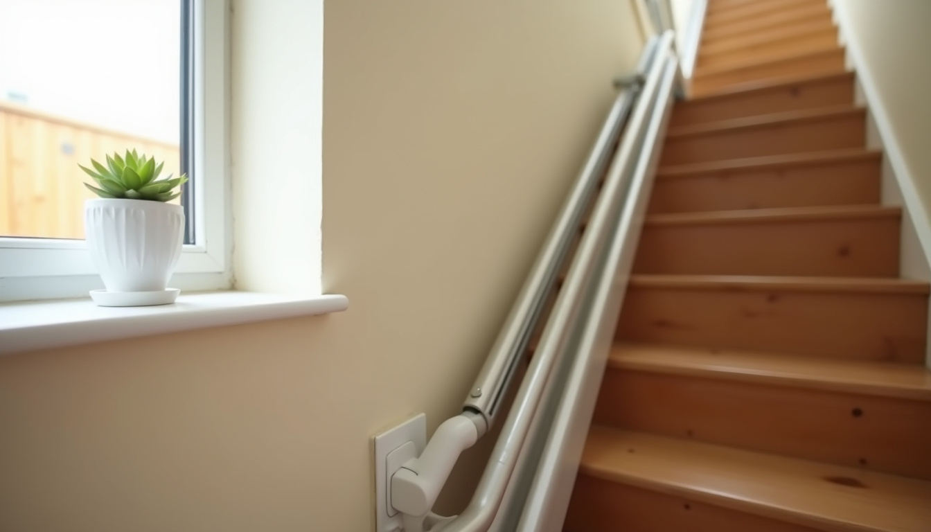 Vue rapprochée du rail replié d’un monte-escalier, montrant la sécurité et le peu d’encombrement dans l’escalier