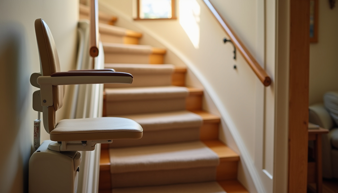 Vue rapprochée d’un monte-escalier installé à l’intérieur d’une maison à Sainte-Geneviève-des-Bois